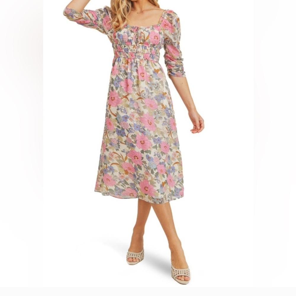 NWT Lush Pink and Orange Smocked Midi Dress Size XL